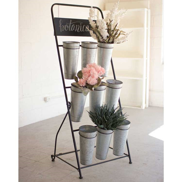 Flower Rack Display Stand with Galvanized Metal Buckets