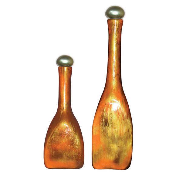 Feather Gold Glass Bottles - Set of 2