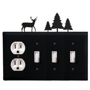 Deer Combination Cover - Single Outlet With Triple Switch Pine Trees