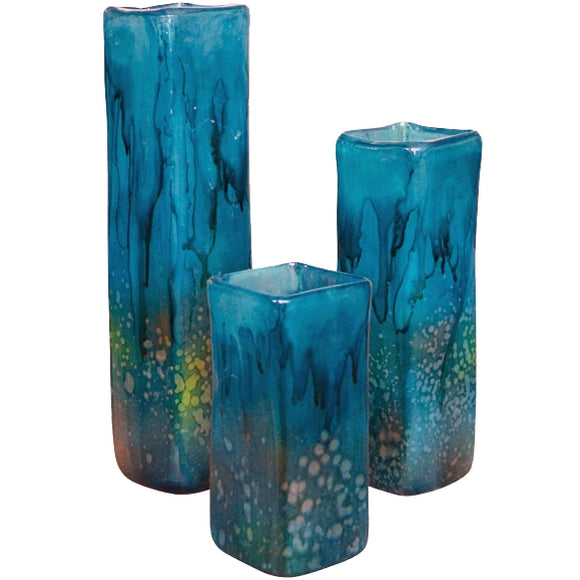 Turquoise Square Glass Vases | Set of 3