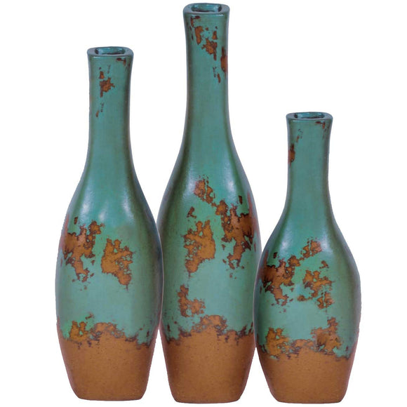Square Base Ceramic Bottles Set of 3 | Aged Turquoise