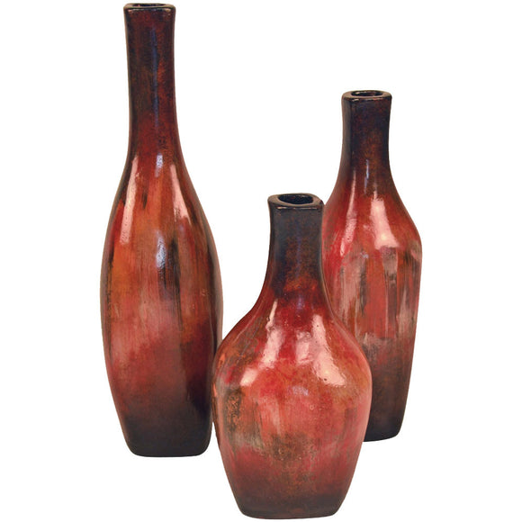 Square Base Ceramic Bottles Set of 3 | Rocky Red
