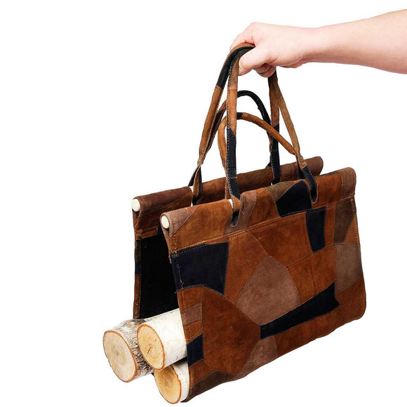 Patchwork Open End Log Carrier with Leather Handles