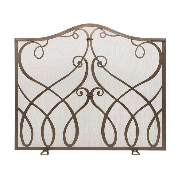 Indus. 44 Wide, Wrought Iron Freestanding Flat Fireplace Screen w/ Doors.  Heavy Duty, with Feet. Mesh Screen, Modern Mission Style, Brown Metal