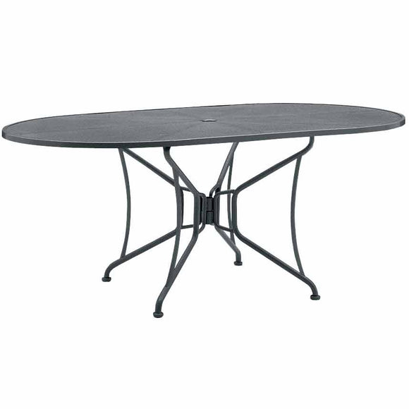 high top patio table with umbrella hole Briarwood Metal Dining Table Woodard Color: Sandstone, Table Size: Oval 42" x 54"